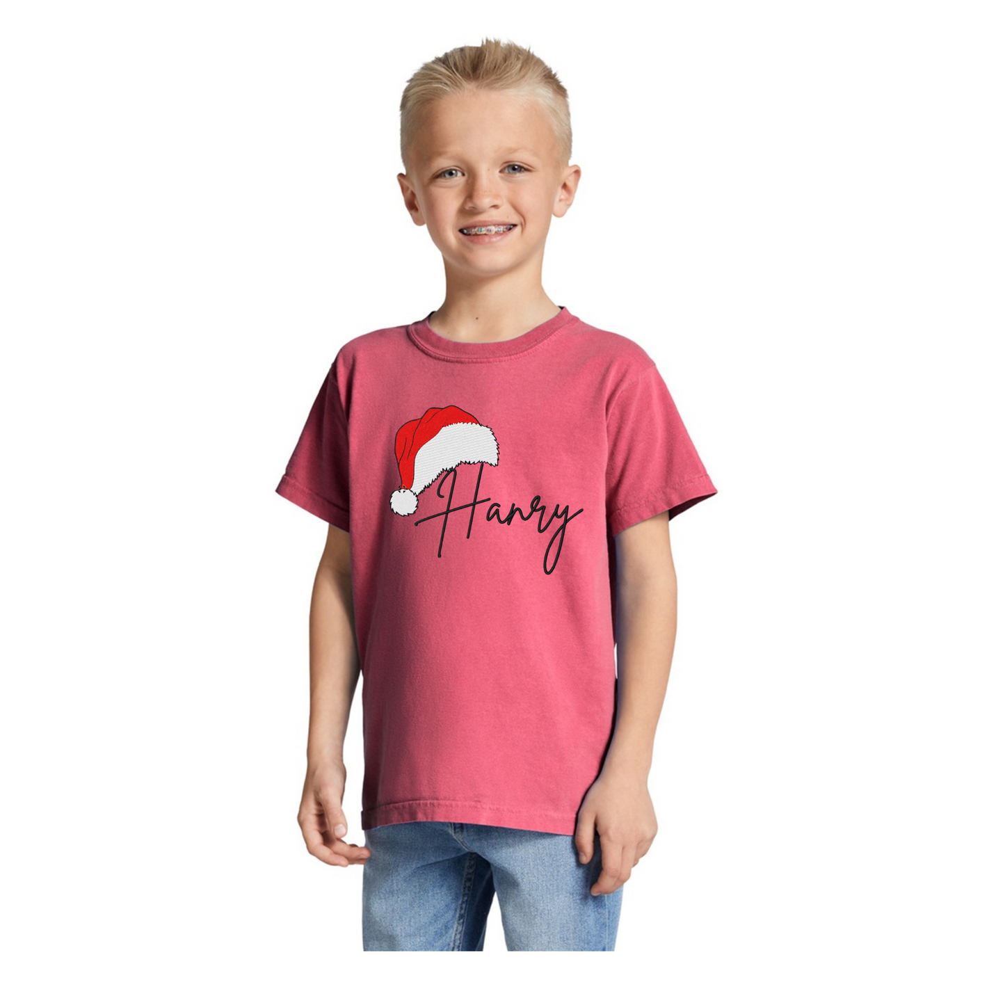 Christmas Santa Hat Family Kids Embroidered T-shirt